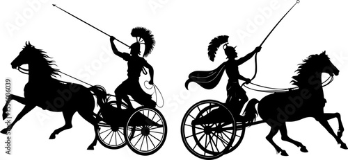Silhouette Vector of Ancient Roman or Greek Charioteer with Horse and Chariot - Historical Race and Battle