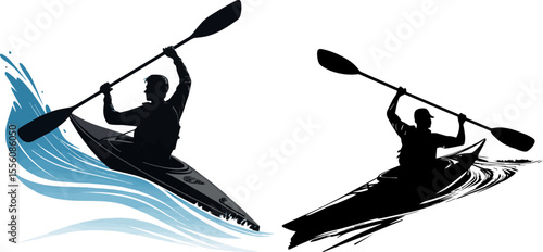 Dynamic Vector Silhouette of a Kayaker on Water with a Paddle - Water Sports and Adventure