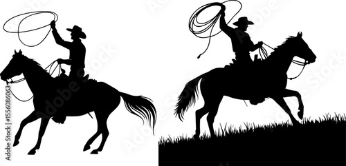Silhouette Vector of a Cowboy on a Horse with a Lasso - Western Rodeo and Ranch Life