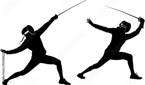 Fencing Athletes in Action Silhouette - Vector Illustration
