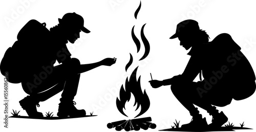 Hikers Making a Campfire Silhouette - Vector Illustration