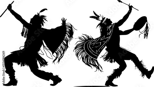 Native American Indian Dancers with Headdresses Silhouette - Vector