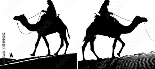 Camel Rider Silhouette on Sand Dunes - Vector Illustration
