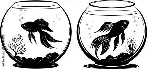 Black and White Goldfish in a Glass Fishbowl - Vector Illustration