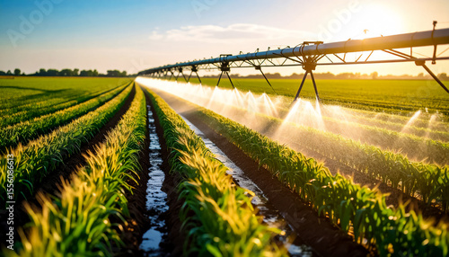 Irrigation of agricultural crops and irrigation canals with water in the fields. Drip system