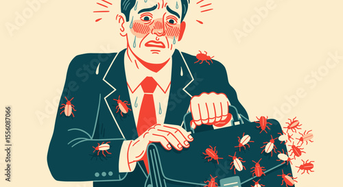 Anxious businessman covered in insects and holding briefcase. Stressed man sweating profusely with bugs crawling all over his suit and briefcase.
