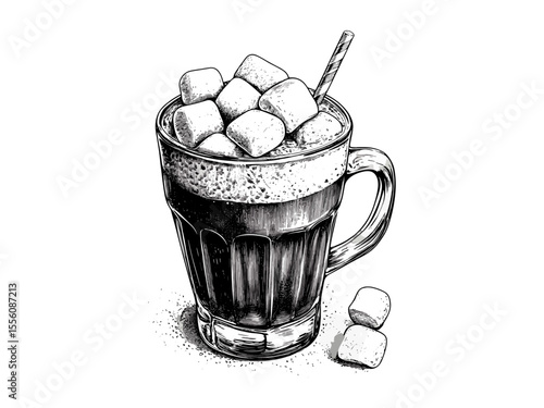 Vintage winter cocoa with marshmallows engraving, cozy holiday drink sketch, retro warm decor, seasonal motif, black hand-drawn winter illustration, classic beverage artwork, festive design