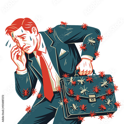Businessman with entomophobia nervous of bugs crawling on his briefcase. Anxious businessman sweating profusely, overwhelmed by insects crawling on his suit and briefcase.