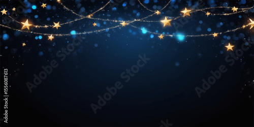 An abstract blue Christmas sky glows with magic, shining brightly with stars and festive holiday lights