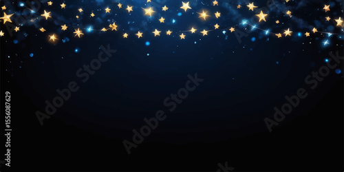 Abstract blue Christmas background with glowing stars, snow, and light particles