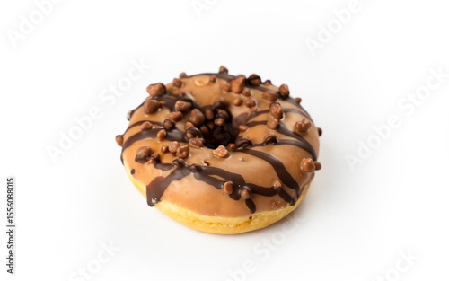 Fotografía Delicious chocolate-covered donut with crunchy toppings on a clean white backgro