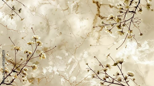 Floral Marble Background: Beige Blossoms and Elegant Veins