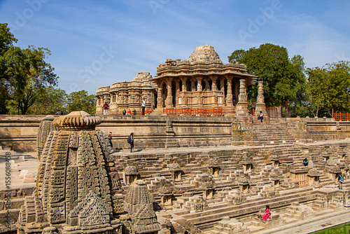 Modhera Sun Temple of Gujarat in India with beautiful stone carvings and step well (Surya Kund). built in 1026-27 AD during the reign of Bhima I of the Chaulukya dynasty