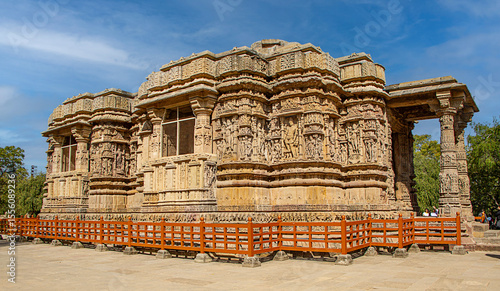 Modhera Sun Temple of Gujarat in India with beautiful stone carvings and step well (Surya Kund). built in 1026-27 AD during the reign of Bhima I of the Chaulukya dynasty