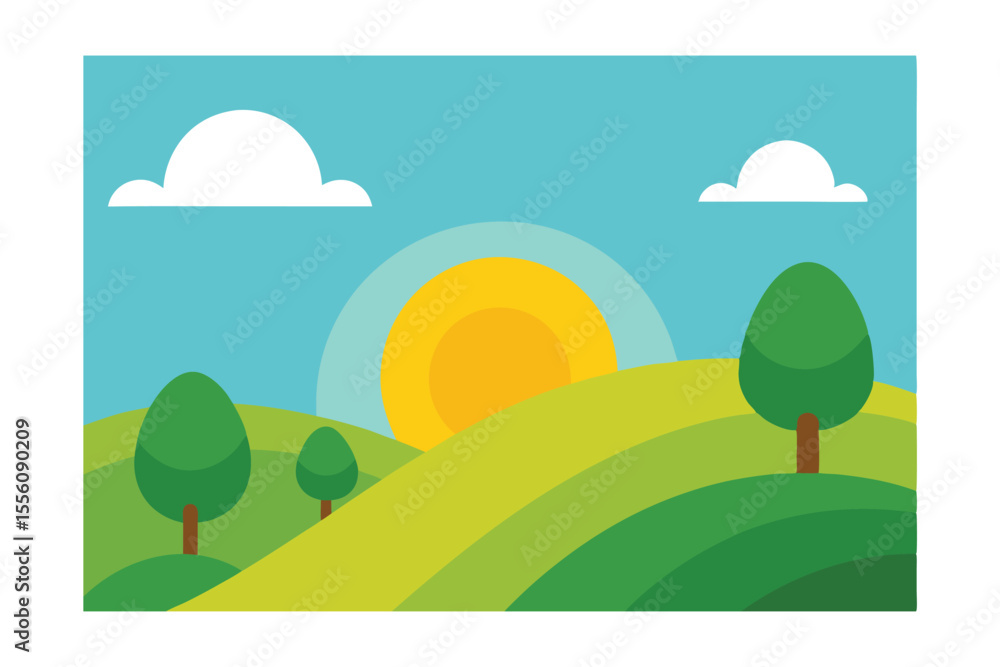 Fototapeta premium Serene Sunrise over Rolling Green Hills A Peaceful Landscape Illustration
