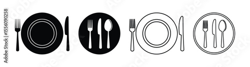 Black and white icons of dining utensils and plates fork knife