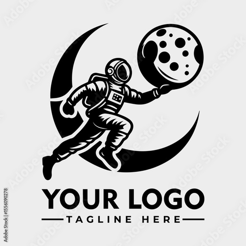 An astronaut running with a moon in hand, set against a crescent moon backdrop.