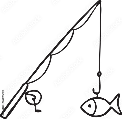 Simple Black and White Line Drawing of a Fishing Rod with a Fish on the Hook