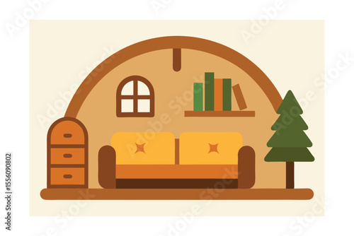 Cozy Dome Home Interior Design  Relaxing Living Room with Bookshelf and Pine Tree