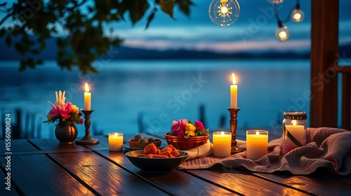 Romantic lakeside dinner with candles and string lights at sunset