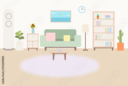 Minimalist Living Room Interior with Sofa and Bookshelf – Flat Vector Illustration