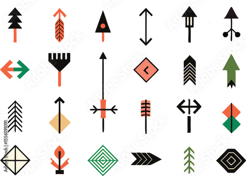 Collection of abstract geometric shapes and symbols in a primitive silhouette style isolated on transparent background