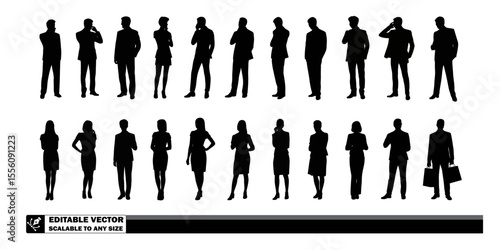 Silhouettes of business people in suits standing in rows against a plain background in a vector image