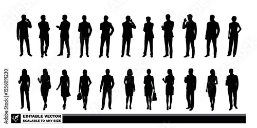 Silhouettes of business people in suits standing in rows against a plain background in a vector image
