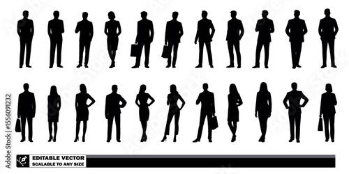 Silhouettes of business people in suits standing in rows against a plain background in a vector image