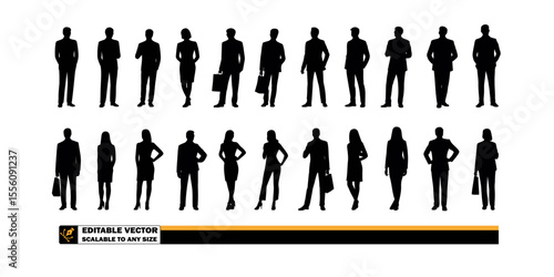 Silhouettes of business people in suits standing in rows against a plain background in a vector image