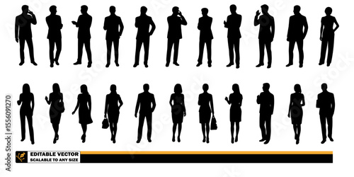 Silhouettes of business people in suits standing in rows against a plain background in a vector image