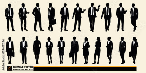 Silhouettes of business people in suits standing in rows against a plain background in a vector image