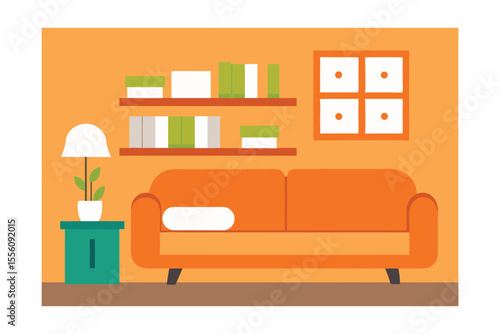 Cozy Living Room Interior Design Orange Sofa, Bookshelves, and Plants