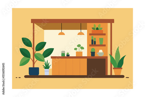 Indoor plants store: Showcase indoor plants in pot, display shelves and light for home interior decoration in minimalist drawing style.
