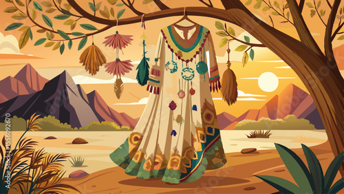 close up A flowing maxi dress in soft earth tones sways gently on a wooden hanger beneath a tree in golden hour light. Its floral embroidery and flared sleeves give it a rustic charm.