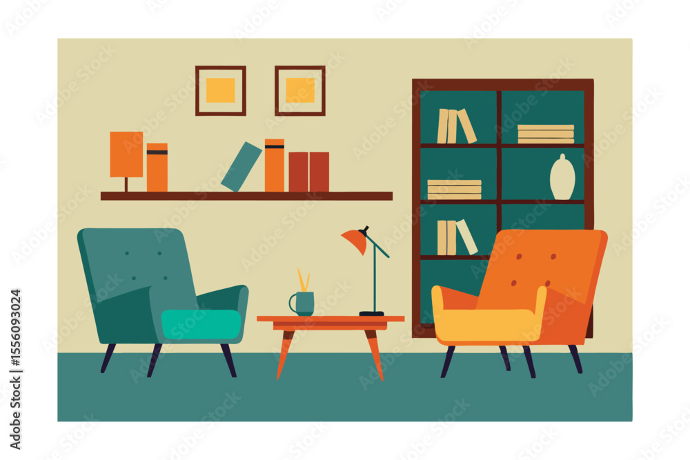 Fototapeta premium Cozy Reading Room: A charming, minimalist interior design featuring two armchairs, a bookshelf, and a side table adorned with a lamp and a mug of tea, inviting you to relax and enjoy a quiet moment.