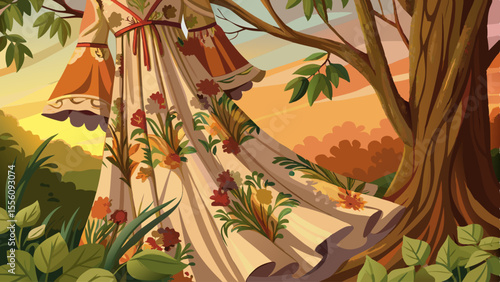 close up A flowing maxi dress in soft earth tones sways gently on a wooden hanger beneath a tree in golden hour light. Its floral embroidery and flared sleeves give it a rustic charm.