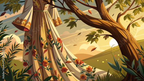 close up A flowing maxi dress in soft earth tones sways gently on a wooden hanger beneath a tree in golden hour light. Its floral embroidery and flared sleeves give it a rustic charm.