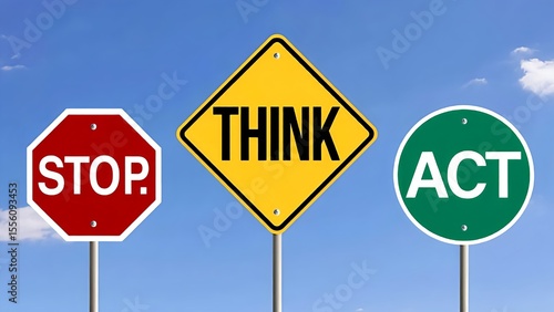 Stop, think, and act concept showcases road signs against a vibrant blue sky, symbolizing decision making and thoughtful action for improved outcomes.