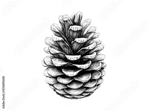 Hand-drawn winter pine cone, vintage seasonal forest decor, retro black sketch, holiday nature motif, old engraving style, trendy icon, rustic winter illustration, traditional Christmas design,