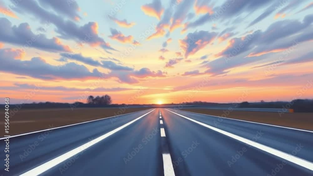 Race track with beautiful sunset. Asphalt road with dramatic sky and clouds in the background. Transportation, vehicle speed, travel concept. 4k video Race track with beautiful sunset. Asphalt road with dramatic sky and clouds in the background. Transportation, vehicle speed, travel concept. 4k video