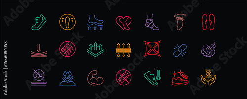 A modern editable stroke icon set illustrating essential shoe features such as arch support, shock absorption, breathability, flexibility, durability, and antibacterial protection.