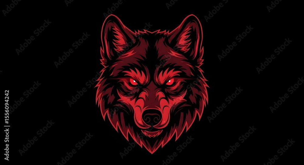 Obraz premium A fierce, crimson-colored wolf's head stares intently from a black background.