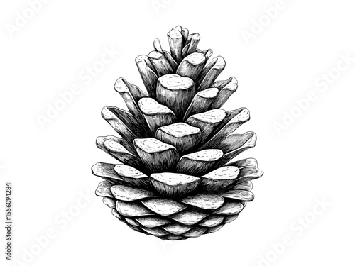 Seasonal pine cone engraving, vintage retro forest decor, hand-drawn winter holiday motif, black sketch, old engraving style, trendy icon, rustic Christmas illustration, winter nature design,