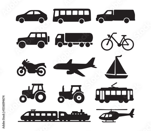Transportation, vehicle icon set. Car, train, bicycle, boat, tractor and airplane black silhouette illustration.