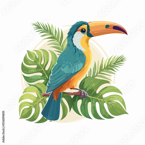Vivid toucan design with tropical foliage creates an exotic wildlife graphic, perfect for logos, stickers, or vibrant jungle themed decor.