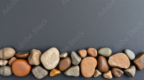 A row of smooth, colorful stones rests on a dark gray background