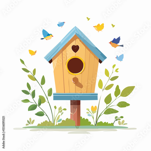 Sweet birdhouse abode with colorful birds flying around, perfect for springtime designs and garden themes.