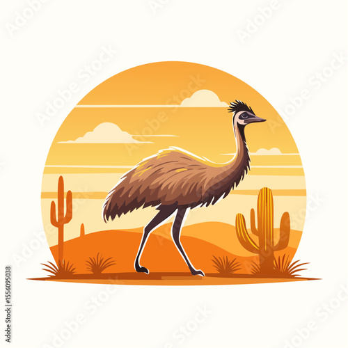 An emu struts through a desert landscape with cacti and a warm sunset, perfect for outback designs or nature-themed projects.