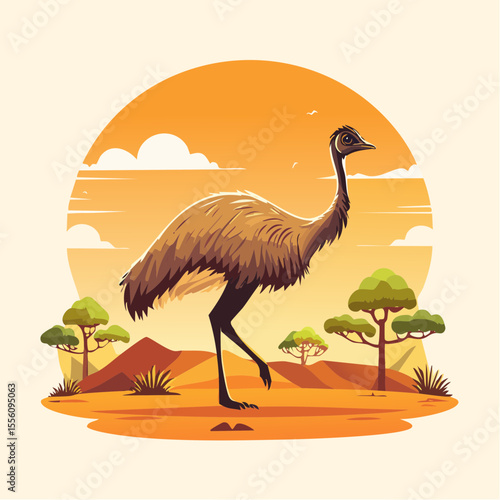 Emu design standing against a landscape backdrop evokes the outback, adaptable for educational resources or stylized wildlife emblems.